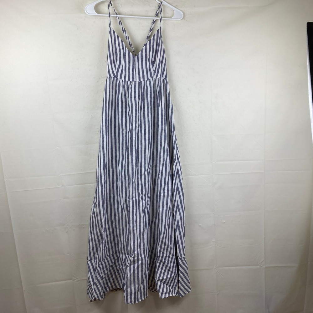 Antibes Blanc Linen Maxi Dress Sz 4 Blue White Striped Boho Coastal Nautical - Picture 2 of 7